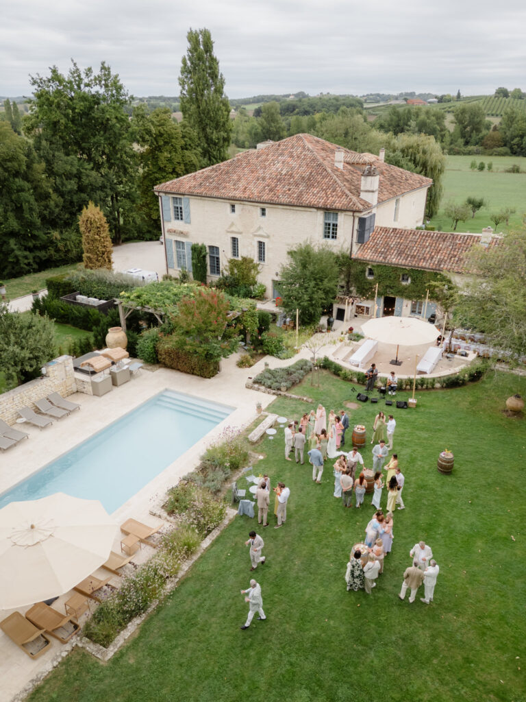 Aerial view of Domaine du Rodier, an intimate wedding venue in the South of France surrounded by countryside.