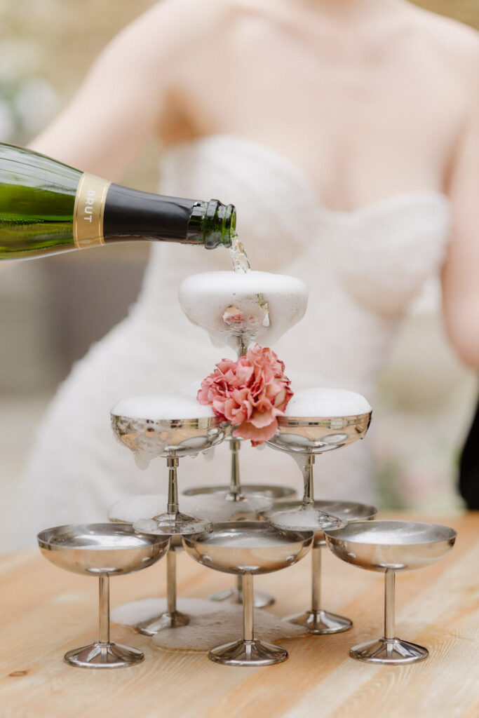 champagne tower during an editorial wedding at Pont Bourguet near Toulouse