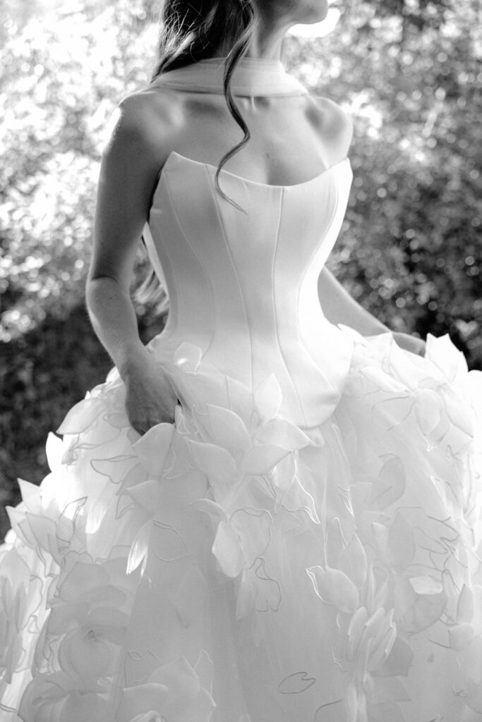 wedding dress details in black and shite