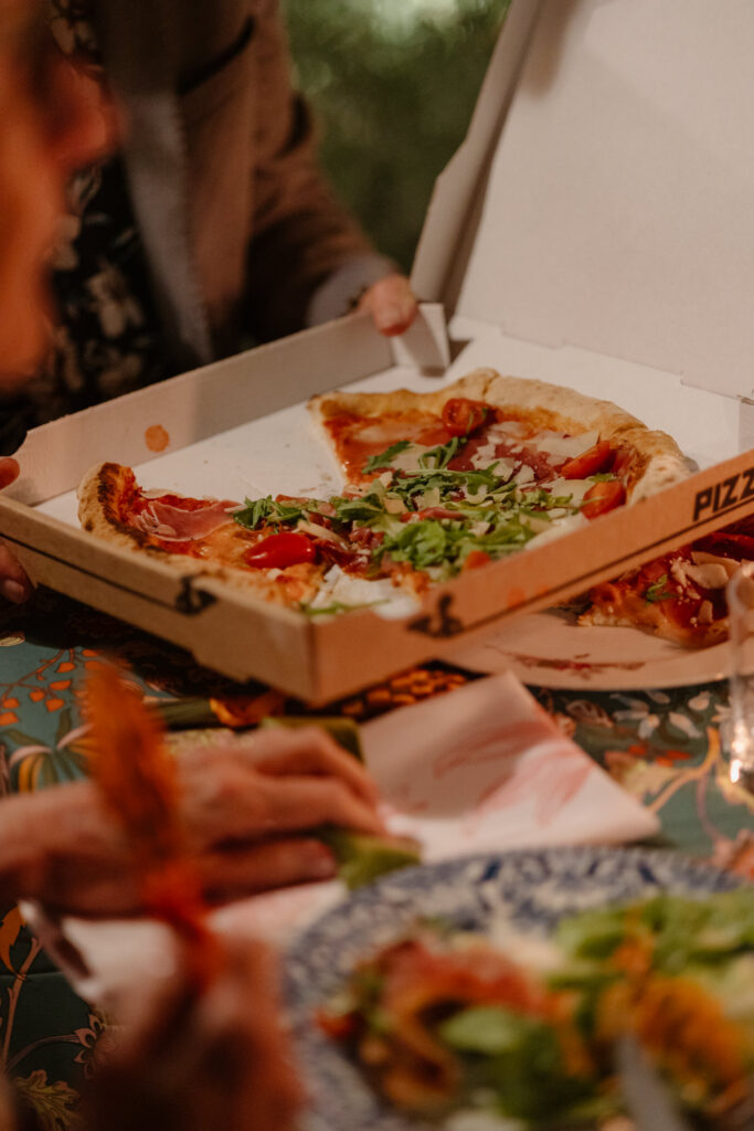 pizza dinner at intimate wedding in Provence