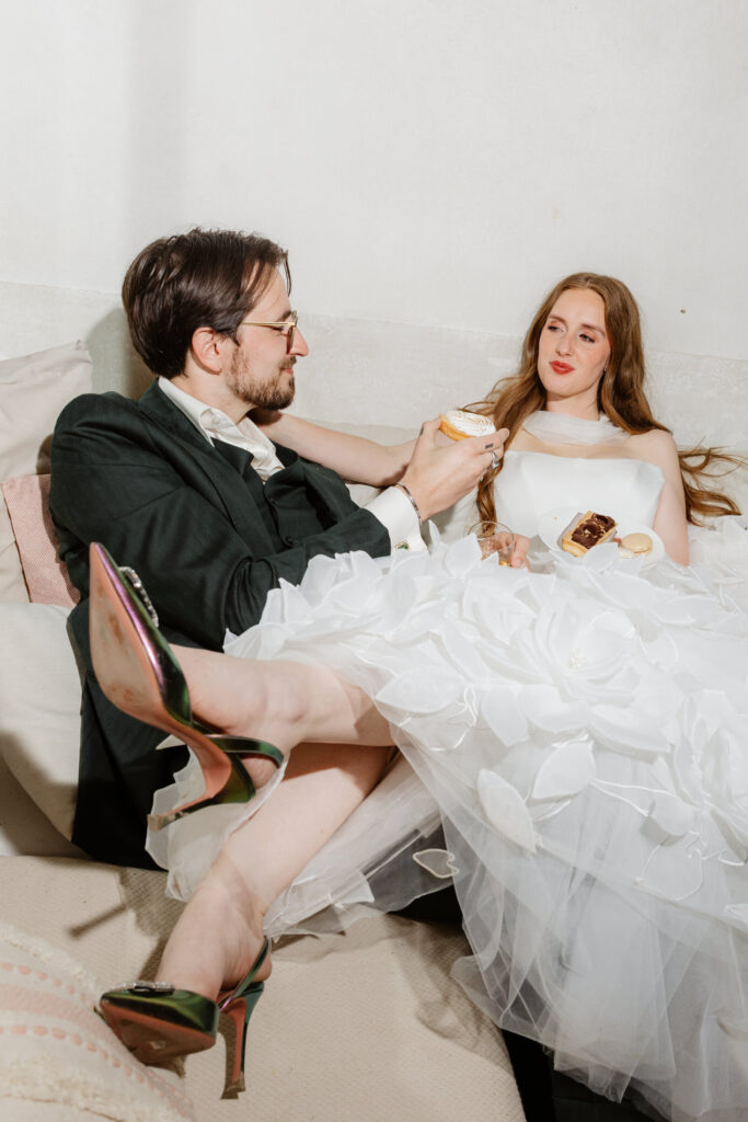 playful moment with wedding pastries during intimate wedding Avignon