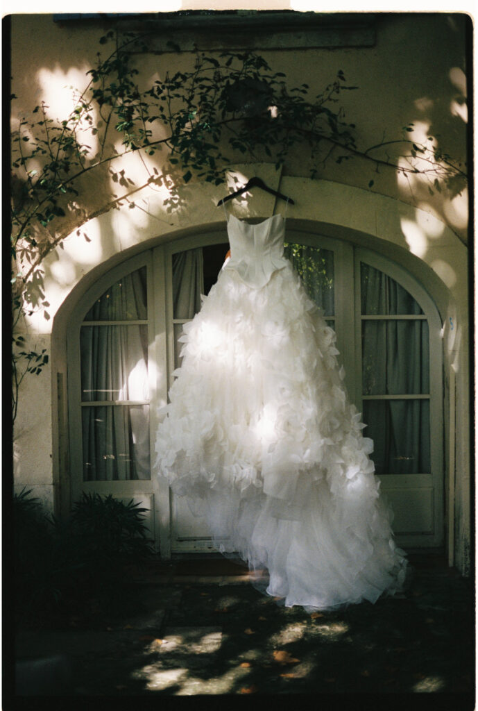 wedding dress details photographed on 35mm film in Provence