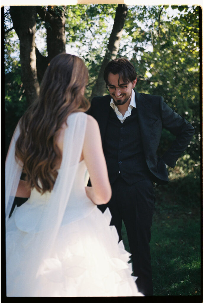 intimate moment before wedding ceremony on 35mm film in Provence